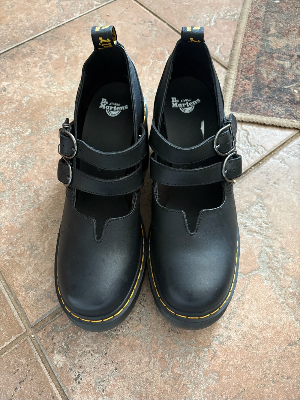 Dr. Martens Black Leather Platform Mary Jane Heels with Yellow Stitching - Picture 2 of 7